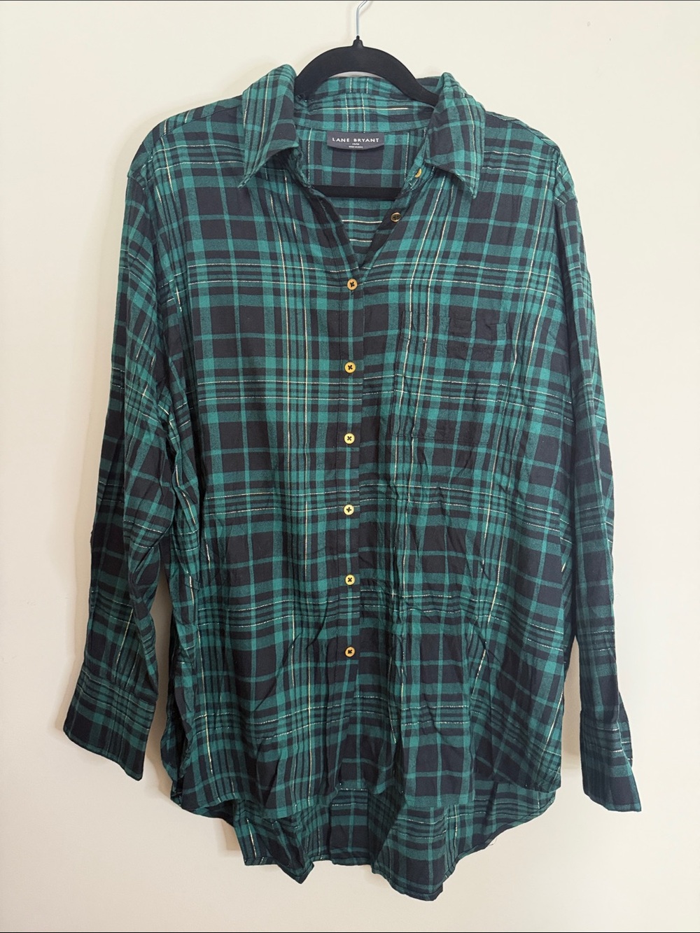Lane Bryant Teal and Black Plaid Button-Down Shirt